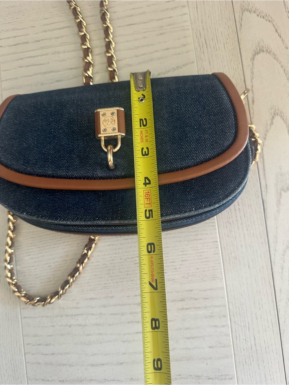 Michael Kors Navy Denim and Brown Leather-Trim Crossbody with Gold Chain - Picture 14 of 16
